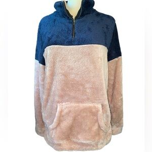 Doublju pullover fuzzy feel 1/4 zip colorblock long sleeves comfy size large